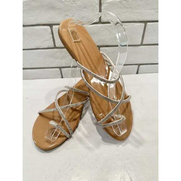 Sandals Womens 8.5/43 Rhinestone Casual‎ Slip On Thong Flip Flops Flats White - Picture 1 of 7